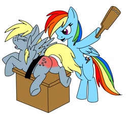 Size: 793x768 | Tagged: safe, artist:devilhooves, derpy hooves, rainbow dash, pegasus, pony, g4, 4chan, abuse, butt, colored, derpybuse, duo, eyes closed, paddle, plot, punishment, reddened butt, simple background, spank mark, spanked, spanking, standing on two hooves, strapped down, table, white background