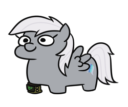 Size: 668x560 | Tagged: safe, artist:jargon scott, oc, oc only, oc:aurora pinfeathers, pegasus, pony, fallout equestria, fallout equestria: renewal, fanfic art, female, gray coat, mare, pipbuck, simple background, solo, squashed, squatpony, white background, white mane, wings