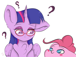 Size: 2048x1536 | Tagged: safe, artist:eventseem, pinkie pie, twilight sparkle, alicorn, earth pony, pony, g4, blushing, chest fluff, chibi, duo, duo female, female, floppy ears, glasses, horn, lesbian, mare, one ear down, question mark, ship:twinkie, shipping, simple background, twilight sparkle (alicorn), white background, wings
