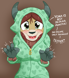 Size: 1074x1207 | Tagged: safe, artist:caroo, yona, yak, anthro, g4, blushing, breasts, busty yona, clothes, cute, dialogue, female, footed sleeper, footie pajamas, onesie, pajamas, rawr, yonadorable