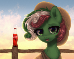 Size: 2500x2000 | Tagged: safe, artist:avrameow, oc, oc only, oc:taco bell, pony, bottle, coca-cola, hat, high res, looking at you, open mouth, solo