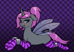 Size: 1026x726 | Tagged: safe, artist:sondy, oc, oc only, oc:violet nebula, changeling, blushing, bondage, bondage cuffs, bondage gear, changeling oc, clothes, cuffs, holeless, insect wings, lying down, prone, purple changeling, scrunchy face, simple background, socks, solo, striped socks, wings