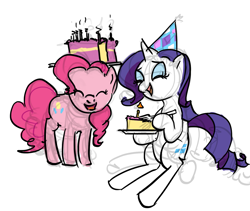 Size: 1277x1078 | Tagged: safe, artist:ponyrake, pinkie pie, rarity, earth pony, pony, unicorn, g4, cake, candle, duo, female, food, hat, head carry, party hat, simple background, white background