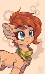 Size: 2200x3600 | Tagged: safe, artist:falafeljake, oc, oc only, oc:rusty gears, earth pony, pony, chest fluff, clothes, cute, ear fluff, eyebrows, female, gears, high res, mare, scarf, simple background, smiling, solo, striped scarf