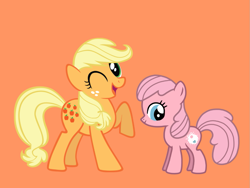 Size: 1093x824 | Tagged: safe, artist:foxyfell1337, artist:sharksilverharpstrings, artist:theorangeloftyinthepond, edit, applejack (g1), baby tiddley-winks, earth pony, pony, g1, g4, baby, baby pony, baby tiddlybetes, cute, duo, female, filly, foal, g1 jackabetes, g1 to g4, generation leap, mare, orange background, siblings, simple background, sisters, smiling