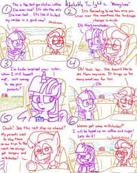 Size: 4779x6013 | Tagged: safe, artist:adorkabletwilightandfriends, twilight sparkle, oc, oc:lawrence, alicorn, earth pony, pony, comic:adorkable twilight and friends, g4, adorkable, adorkable twilight, car, comic, conversation, cup, cute, dork, drink, driving, farm, glasses, glowing, glowing horn, happy, highway, horn, magic, mountain, mountain range, nervous, road, road trip, scenery, seatbelt, sitting, slice of life, smiling, telekinesis, twilight sparkle (alicorn)