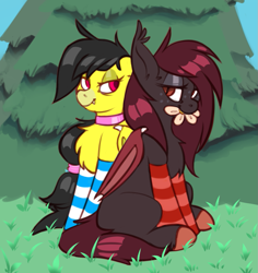 Size: 855x906 | Tagged: safe, artist:sondy, oc, oc only, oc:banan, oc:maroon, bat pony, pony, pony town, bat pony oc, bat wings, chest fluff, choker, clothes, duo, ear fluff, eyeshadow, fangs, flower, flower in mouth, grass, hair tie, hooves, lidded eyes, makeup, mouth hold, outdoors, pine tree, simple background, sitting, socks, striped socks, tree, wings