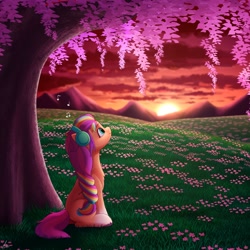 Size: 4000x4000 | Tagged: safe, artist:luminousdazzle, sunny starscout, earth pony, pony, g5, female, grass, headphones, hill, listening to music, mare, music notes, scenery, sitting, solo, sunset, tree, under the tree