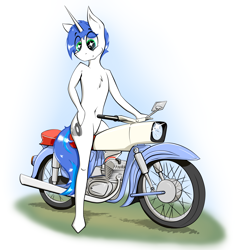 Size: 3938x4000 | Tagged: safe, artist:bumskuchen, oc, oc:shifting gear, unicorn, semi-anthro, arm hooves, casual nudity, chest fluff, motorcycle, nudity, solo, vehicle