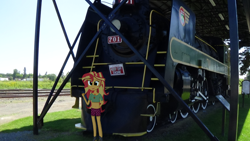 Size: 2500x1405 | Tagged: safe, artist:thomaszoey3000, sunset shimmer, oc, oc:blue ink, human, equestria girls, g4, clothes, equestria girls in real life, irl, jewelry, locomotive, pendant, photo, ring, solo, steam locomotive, train