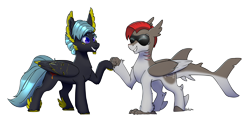 Size: 3884x1866 | Tagged: safe, artist:sondy, oc, oc only, oc:bask, oc:star chased, hippogriff, hybrid, original species, pegasus, pony, shark, shark pony, duo, fish tail, gills, hippogriff oc, hoofbump, looking at each other, looking at someone, pegasus oc, shark tail, signature, simple background, smiling, smiling at each other, tail, transparent background