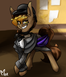 Size: 3008x3508 | Tagged: safe, artist:mekblue, oc, bat pony, bat pony oc, bat wings, billboard, bowler hat, clothes, dress, ear fluff, fancy, hat, high res, looking at you, necktie, smiling, smiling at you, solo, wings