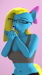 Size: 2160x3840 | Tagged: safe, artist:kenaga, derpibooru exclusive, oc, oc:cuteamena, oc:electric blue, anthro, plantigrade anthro, 3d, belly button, birthday, bow, clothes, couple, electricute, glasses, high res, kissing, micro, midriff, oc x oc, present, shipping, shirt, sports bra