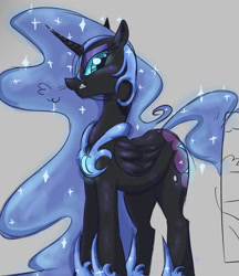 Size: 1125x1304 | Tagged: safe, artist:mushy, nightmare moon, alicorn, pony, g4, ethereal mane, female, folded wings, helmet, hoof shoes, huff, looking at you, mare, peytral, solo, starry mane, starry tail, tail, wings