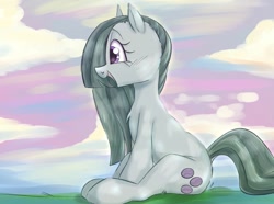 Size: 1881x1400 | Tagged: safe, artist:mushy, marble pie, earth pony, pony, g4, blushing, grass, happy, painted background, sitting, smiling, solo