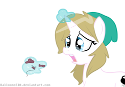 Size: 2084x1441 | Tagged: safe, artist:balloons504, oc, oc only, oc:balloons, pony, unicorn, balloon, balloon popping, beanie, bully, bullying, crying, female, hat, magic, mare, popping, sad, simple background, solo, teary eyes, telekinesis, that pony sure does love balloons, tragedy, white background