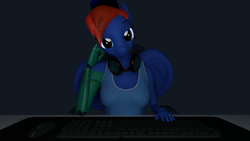 Size: 1920x1080 | Tagged: safe, artist:kamimation, oc, oc:kam pastel, pegasus, anthro, 3d, amputee, desk, keyboard, looking at something, simple background, solo, wip