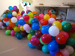 Size: 597x449 | Tagged: safe, artist:balloons504, oc, oc only, oc:balloons, pony, unicorn, balloon, female, happy, irl, mare, open mouth, photo, ponies in real life, that pony sure does love balloons