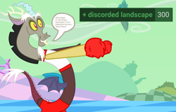 Size: 1108x708 | Tagged: safe, artist:byteslice edits, artist:mattyhex, edit, discord, draconequus, derpibooru, g4, season 2, the return of harmony, 300, chaos, cheerleader, cheerleader outfit, clothes, dialogue, discorded landscape, fangs, male, meta, milestone, pants, pom pom, shadow, smiling, solo, speech bubble, spread wings, tags, tank top, text, wings