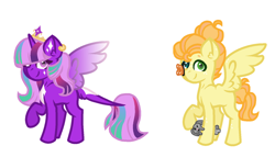 Size: 1280x730 | Tagged: safe, artist:eclipse-n-adopts, oc, alicorn, butterfly, pegasus, pony, rabbit, alicorn oc, animal, base used, butterfly on nose, crown, duo, female, freckles, horn, insect on nose, jewelry, looking at you, magical lesbian spawn, male, mare, offspring, parent:big macintosh, parent:fluttershy, parent:princess celestia, parent:twilight sparkle, parents:fluttermac, parents:twilestia, pegasus oc, raised hoof, regalia, simple background, smiling, smiling at you, stallion, white background, wings