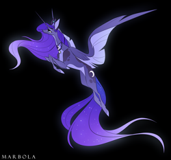 Size: 3138x2928 | Tagged: safe, artist:marbola, princess luna, alicorn, pony, g4, black background, ethereal mane, female, high res, mare, simple background, solo, starry mane, starry tail, tail