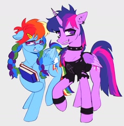 Size: 1834x1871 | Tagged: safe, artist:draw3, rainbow dash, twilight sparkle, alicorn, pegasus, pony, g4, alternate hairstyle, book, braces, braid, braided pigtails, choker, clothes, collar, duo, ear piercing, earring, female, floppy ears, glasses, hairclip, horn, horn ring, jewelry, lesbian, piercing, punk, punklight sparkle, rainbow dork, ring, role reversal, ship:twidash, shipping, shirt, simple background, spiked choker, spiked collar, t-shirt, twilight sparkle (alicorn)