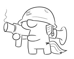 Size: 639x512 | Tagged: safe, artist:jargon scott, twilight sparkle, pony, unicorn, g4, bipedal, covered eyes, female, filly, filly twilight sparkle, helmet, lineart, rocket launcher, simple background, smiling, soldier, soldier (tf2), solo, squatpony, team fortress 2, twiggie, unicorn twilight, white background, younger