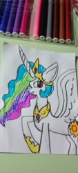 Size: 720x1600 | Tagged: safe, artist:vista2008, princess celestia, alicorn, pony, g4, clothes, crown, female, horn, irl, jewelry, mare, marker, marker drawing, photo, raised hoof, regalia, shoes, smiling, spread wings, sun, traditional art, wings