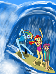 Size: 1000x1318 | Tagged: safe, artist:pheeph, rainbow dash, scootaloo, sunset shimmer, human, equestria girls, g4, barefoot, clothes, cover, feet, old master q, parody, scared, surfboard, surfing, swimsuit, wave
