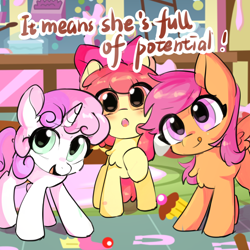 Size: 2048x2048 | Tagged: safe, artist:sunny berry, apple bloom, scootaloo, sweetie belle, earth pony, pegasus, pony, unicorn, call of the cutie, g4, :o, :p, adorabloom, blushing, chest fluff, cute, cutealoo, cutie mark crusaders, dialogue, diasweetes, female, filly, foal, high res, open mouth, open smile, raised hoof, scene interpretation, smiling, standing, sugarcube corner, tongue out, trio