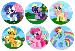 Size: 6048x4087 | Tagged: safe, artist:kittyrosie, part of a set, applejack, fluttershy, pinkie pie, rainbow dash, rarity, twilight sparkle, alicorn, butterfly, earth pony, pegasus, pony, unicorn, backwards cutie mark, blushing, book, candy, cherry blossoms, chibi, cloud, cookie, cute, dashabetes, diapinkes, female, flower, flower blossom, food, jackabetes, lollipop, looking at you, lying down, mane six, mare, one eye closed, open mouth, open smile, prone, rainbow, raised hoof, raribetes, reading, redraw, shyabetes, simple background, sky, smiling, starry eyes, sun, tail, that pony sure does love books, transparent background, tree, twiabetes, twilight sparkle (alicorn), waving, white background, wingding eyes, wings, wink