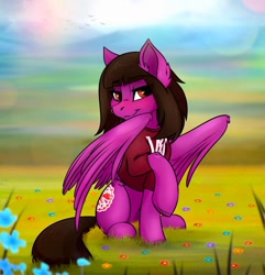 Size: 1633x1691 | Tagged: safe, artist:dushnila, pegasus, pony, bedroom eyes, clothes, commission, ear fluff, field, grass, looking at you, male, nose piercing, outdoors, partially open wings, pierce the veil, piercing, ponified, raised hoof, shirt, sitting, sleeping with sirens, solo, stallion, t-shirt, vic fuentes, wings, ych result