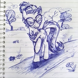 Size: 2045x2048 | Tagged: safe, artist:mellodillo, sunset shimmer, pony, unicorn, g4, alicorn amulet, alternate hairstyle, alternate universe, female, glasses, high res, lined paper, mare, monochrome, pen drawing, solo, traditional art