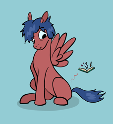 Size: 1651x1808 | Tagged: safe, artist:rawtszy, oc, oc only, pegasus, pony, blue background, book, simple background, solo, spread wings, wings