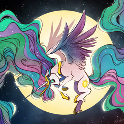 Size: 3000x3000 | Tagged: safe, artist:opalacorn, princess celestia, alicorn, pony, g4, colored wings, crown, ethereal mane, ethereal tail, eyes closed, female, flying, full moon, high res, jewelry, mare, moon, multicolored wings, night, regalia, solo, spread wings, tail, wings