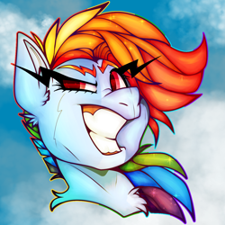 Size: 1280x1280 | Tagged: safe, artist:birdsarecool, rainbow dash, pegasus, pony, g4, bust, chest fluff, colorful, female, grin, mare, outline, portrait, shading, smiling, solo, sparkly mane