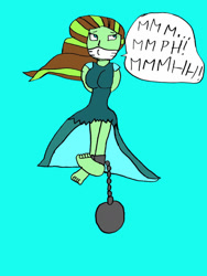 Size: 774x1032 | Tagged: safe, artist:tiedandgaggedgirls, sunset shimmer, human, equestria girls, g4, asphyxiation, ball and chain, bondage, cloth gag, clothes, dress, drowning, gag, muffled words, scared, sinking, struggling, underwater, water, worried