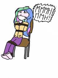 Size: 774x1032 | Tagged: safe, artist:tiedandgaggedgirls, princess celestia, human, equestria girls, g4, bondage, cloth gag, gag, help me, muffled words, simple background, solo, struggling, tied to chair, tied up, white background