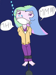Size: 774x1032 | Tagged: safe, artist:tiedandgaggedgirls, princess celestia, principal celestia, human, equestria girls, g4, asphyxiation, ball and chain, bubble, cloth gag, drowning, gag, muffled words, sinking, struggling, tied up, underwater, water