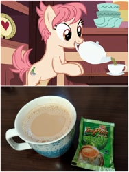 Size: 1500x1999 | Tagged: safe, edit, edited screencap, screencap, raspberry vinaigrette, earth pony, pony, discordant harmony, g4, bipedal, bipedal leaning, cup, female, food, irl, leaning, mare, milk tea, mouth hold, myanmar, photo, solo, tea, teacup, teapot