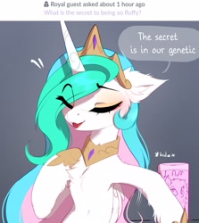 Size: 2491x2790 | Tagged: safe, artist:magnaluna, princess celestia, oc, oc:fluffle puff, alicorn, pony, g4, ask, blatant lies, chest fluff, dialogue, ear fluff, eyebrows, eyebrows visible through hair, eyes closed, fluffy, high res, lies, shampoo, simple background, smiling, solo
