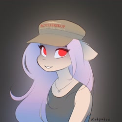 Size: 2048x2048 | Tagged: safe, artist:katputze, oc, oc only, oc:crimson sunset, unicorn, anthro, bust, cap, female, grin, hat, high res, jewelry, looking at you, mare, necklace, red eyes, signature, smiling, smiling at you, solo