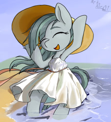 Size: 726x800 | Tagged: safe, artist:a.s.e, marble pie, earth pony, semi-anthro, g4, arm hooves, beach, beach dress, clothes, cute, dress, eyes closed, female, happy, hat, marblebetes, mare, ocean, open mouth, open smile, smiling, solo, summer, summer dress, sun hat, sundress, water