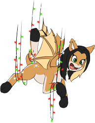 Size: 1689x2184 | Tagged: safe, artist:sondy, oc, oc only, oc:bonny hadens, hybrid, christmas, christmas lights, confused, holiday, paws, piercing, simple background, solo, string lights, tied up, transparent background, wing piercing, wing ring, wings