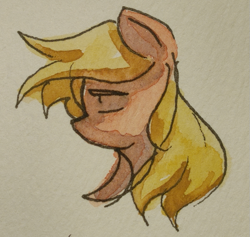 Size: 673x637 | Tagged: safe, artist:applepost67, applejack, earth pony, pony, g4, bust, eyes closed, female, hatless, mare, missing accessory, solo, traditional art