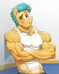 Size: 1640x2048 | Tagged: safe, artist:ponyanony, hitch trailblazer, earth pony, anthro, g5, abs, biceps, clothes, crossed arms, deltoids, jewelry, looking at you, male, male nipples, muscles, muscular male, necklace, nipples, pecs, see-through, shredded hitch, smiling, solo, stallion, stupid sexy hitch trailblazer, triceps