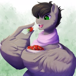 Size: 1900x1900 | Tagged: artist needed, safe, oc, oc:dante fly, hybrid, pegabat, undead, vampire, clothes, fangs, food, green background, green eyes, half bat pony, scarf, slit pupils, strawberry, wing hands, wings