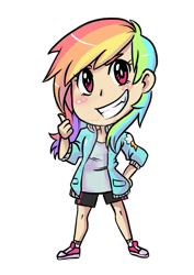 Size: 1024x1449 | Tagged: safe, artist:laceysdraws, rainbow dash, human, g4, big head, chibi, clothes, converse, deviantart watermark, grin, humanized, long mane, multicolored hair, obtrusive watermark, pink eyes, rainbow hair, shoes, shorts, simple background, smiling, socks, solo, transparent background, watermark