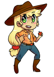 Size: 1024x1449 | Tagged: safe, artist:laceysdraws, applejack, human, g4, apple, belt, belt buckle, boots, chibi, clothes, denim, deviantart watermark, eye clipping through hair, eyebrows, eyebrows visible through hair, food, green eyes, hat, humanized, jeans, long hair, obtrusive watermark, open mouth, pants, shoes, simple background, solo, transparent background, watermark