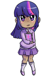 Size: 1024x1449 | Tagged: safe, artist:laceysdraws, twilight sparkle, human, g4, beanbrows, book, bowtie, chibi, clothes, collar, deviantart watermark, eye clipping through hair, eyebrows, humanized, obtrusive watermark, open mouth, simple background, skirt, socks, solo, transparent background, watermark